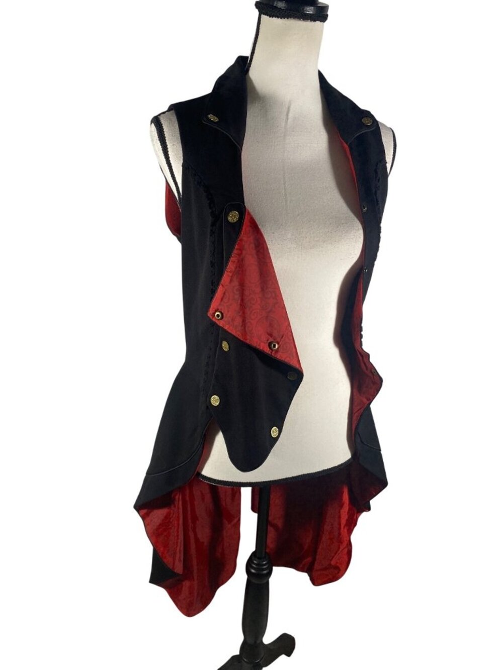 Gothic High-Low tail Vest jacket Red Satin Lining corset tie Lace-Up Size L - Picture 5 of 10